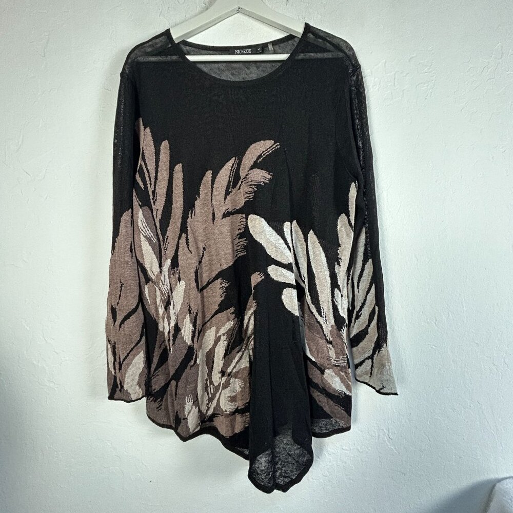 Nic+Zoe Womens Feather Print Asymmetrical Hem Tunic Top Large Black Beige Linen